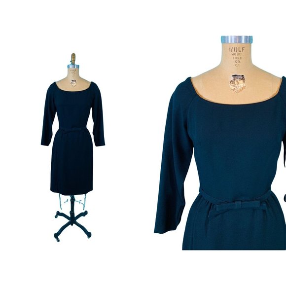 Vintage 1950s Black Cocktail Dress Off The Shoulder Bow Belt Sheath | W 26" - Picture 2 of 10